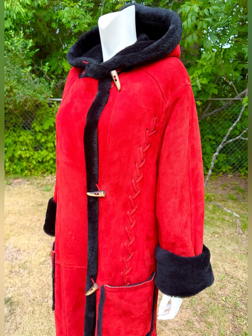 Gorgeous Italian RED SHEARLING COAT Christia by Hana K Black Sheepskin Long 40